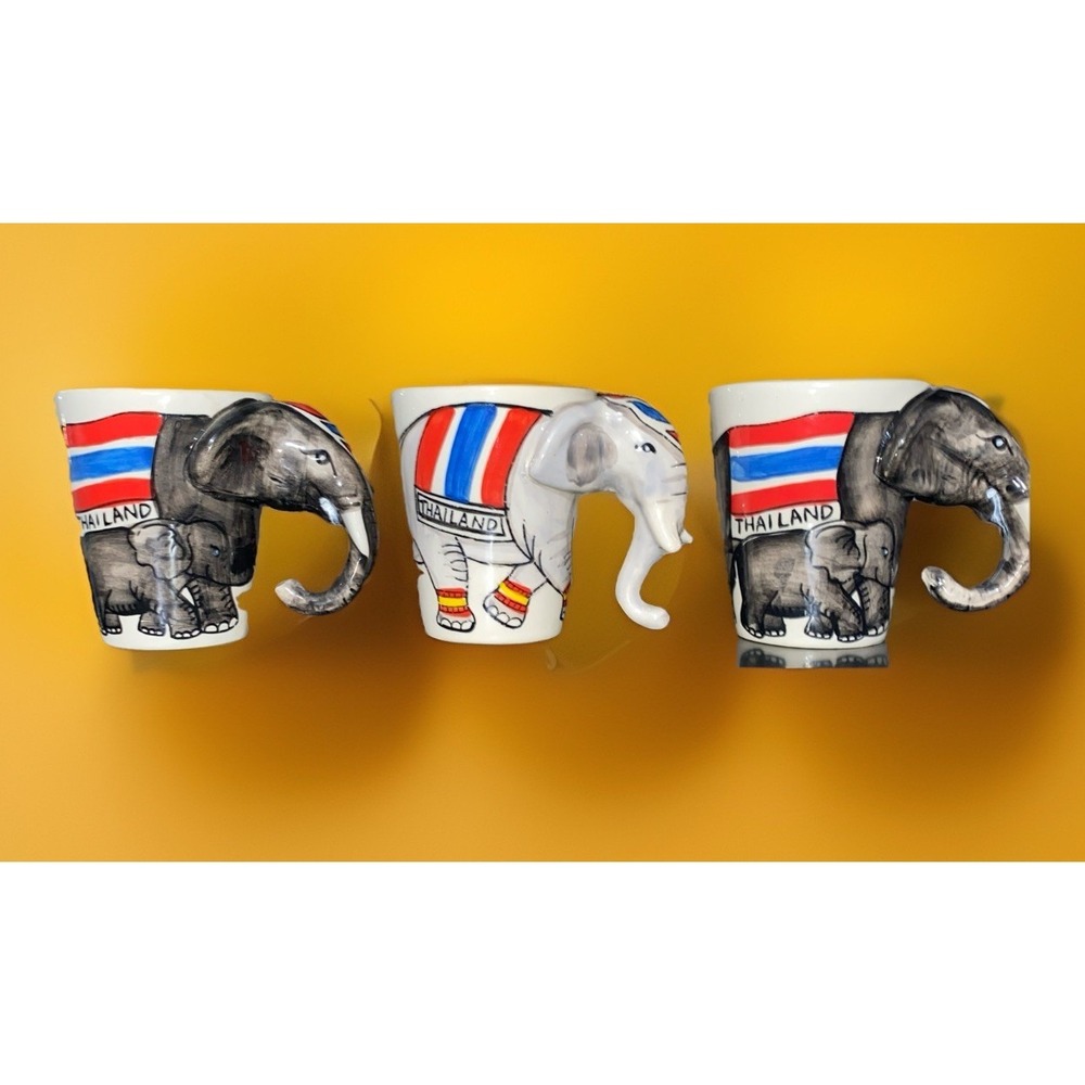Elephant 3D Mugs Cups Made in Thailand Hand Painted  Set of 3 Cow Calf Bull